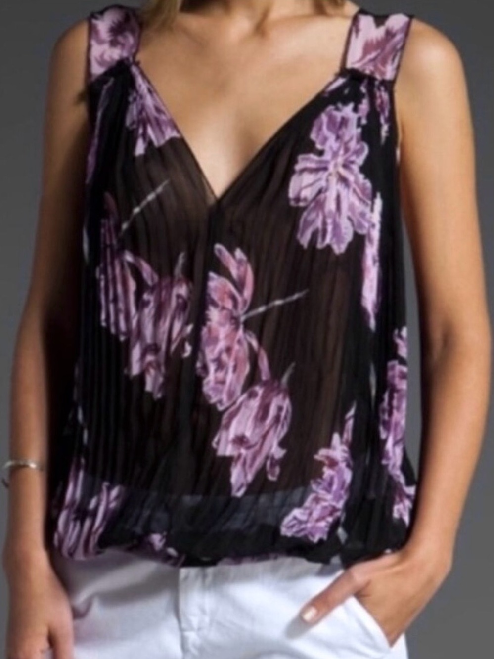 Free People Black Sheer V-Neck Sleeveless Top with Purple Floral Print